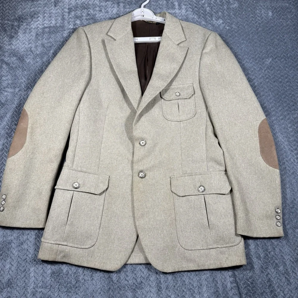 Vintage Men's Safari Field Jacket Blazer 44 Tan Elbow Patch Poly Blend Ejoven